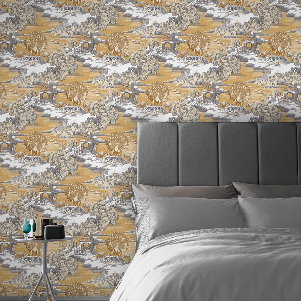 Edo Toile Wallpaper 107885 by Graham & Brown in Mustard Yellow